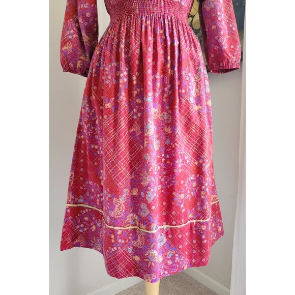 70s Red Floral Cinched Waist 1970s Vintage Midi Dress by ' Belle France ' - Picture 5 of 8